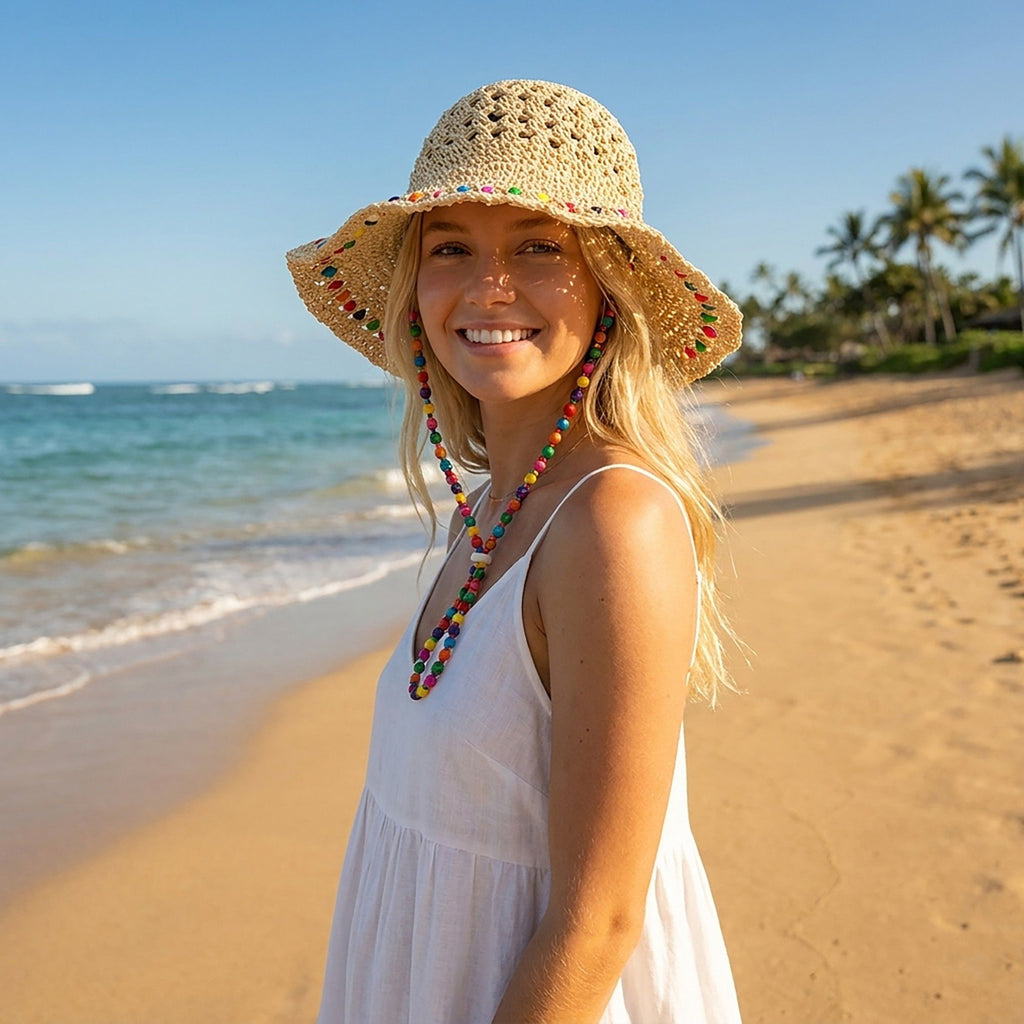 Crochet Bucket Sun Hat with Beaded Chin Strap and Open Weave Brim