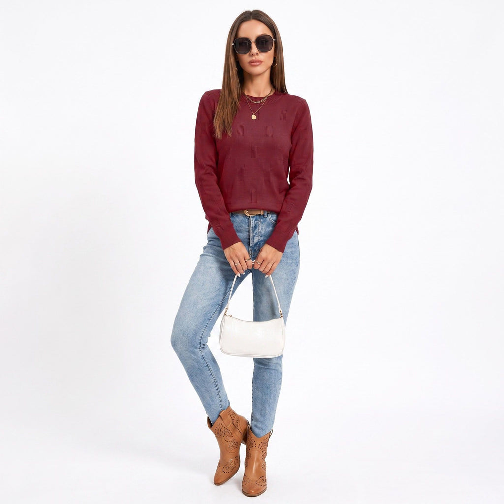 Textured Geometric Crew Neck Long Sleeve Knit Sweater