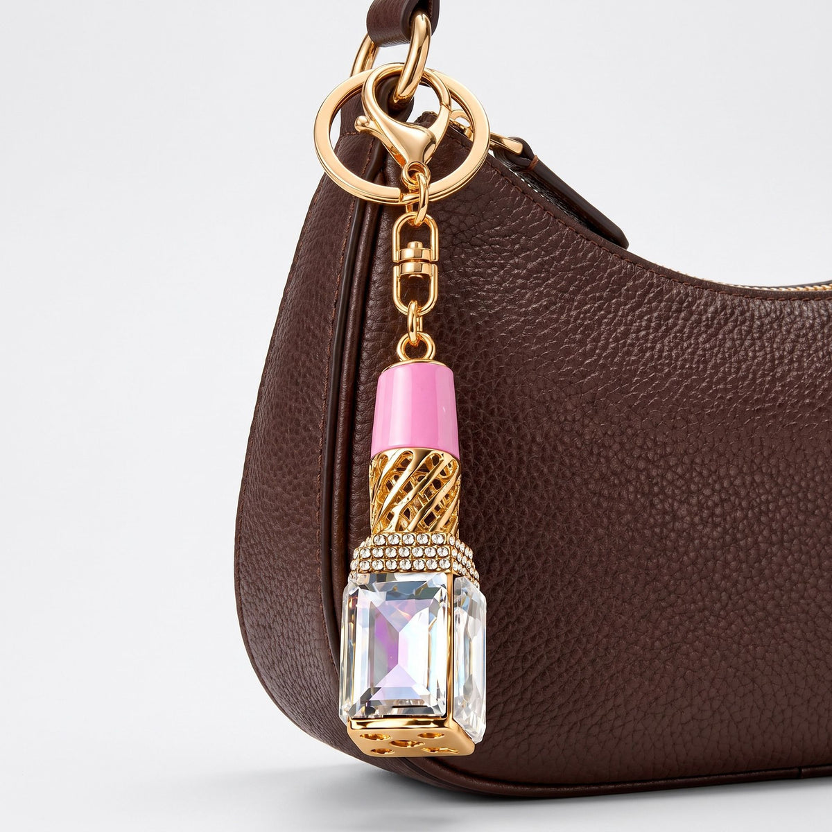 Lipstick Rhinestone Keychain Bag Charm with Lobster Clasp and Key Ring