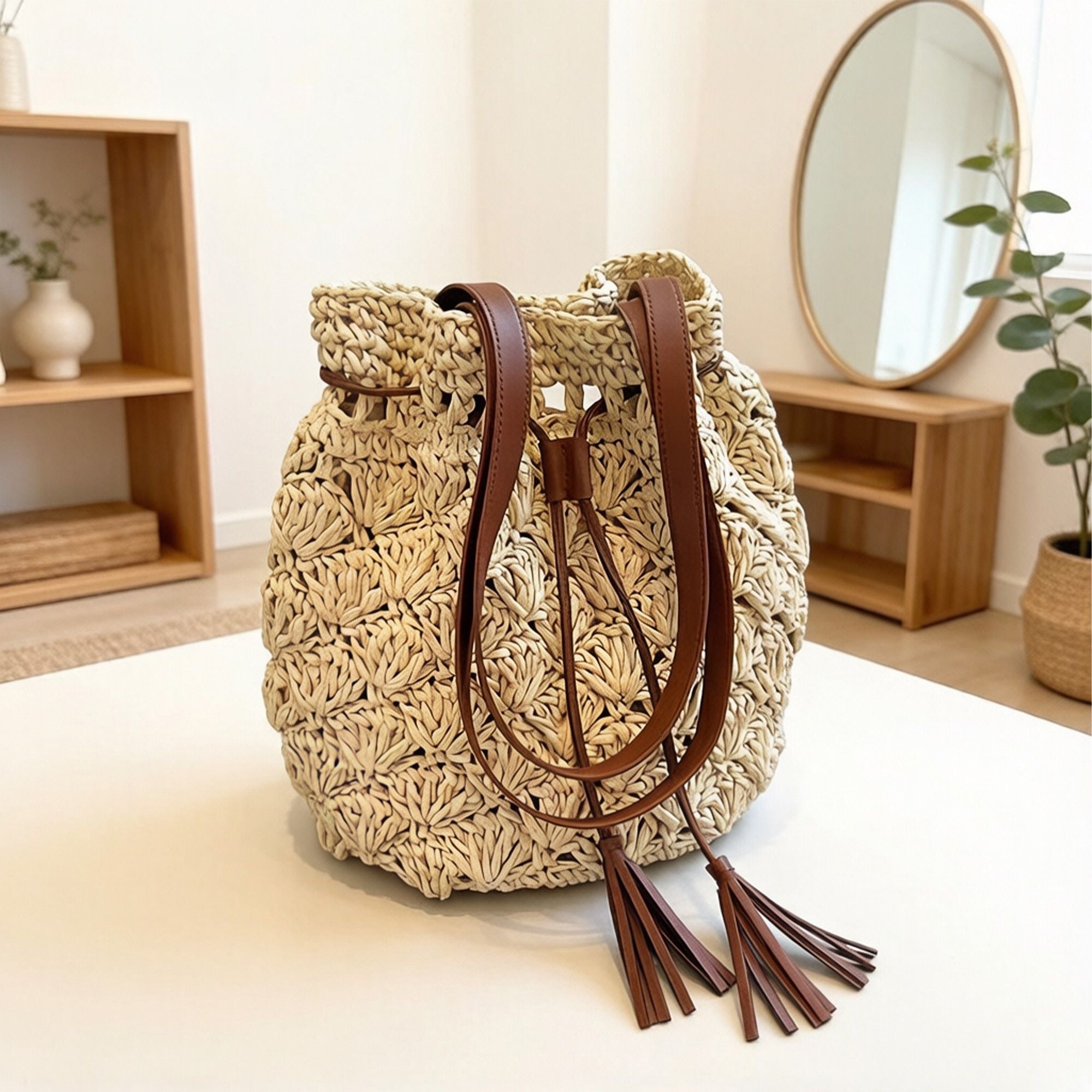 Woven Bucket Shoulder Bag with Drawstring Closure Faux Leather Strap Tassel Detail Lightweight Handbag