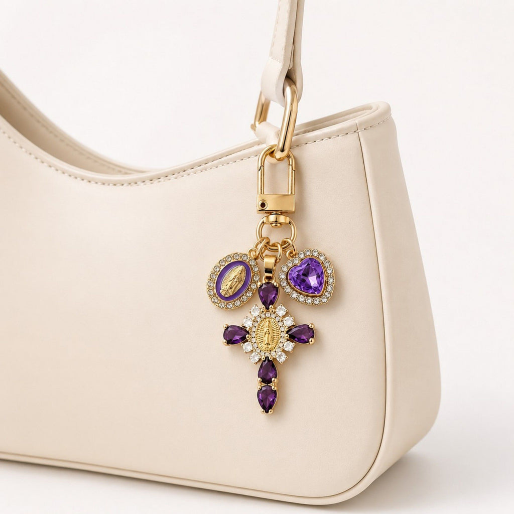 3pc Cross Keychain Bag Charm with Rhinestone Heart Pendant and Medallion Accent