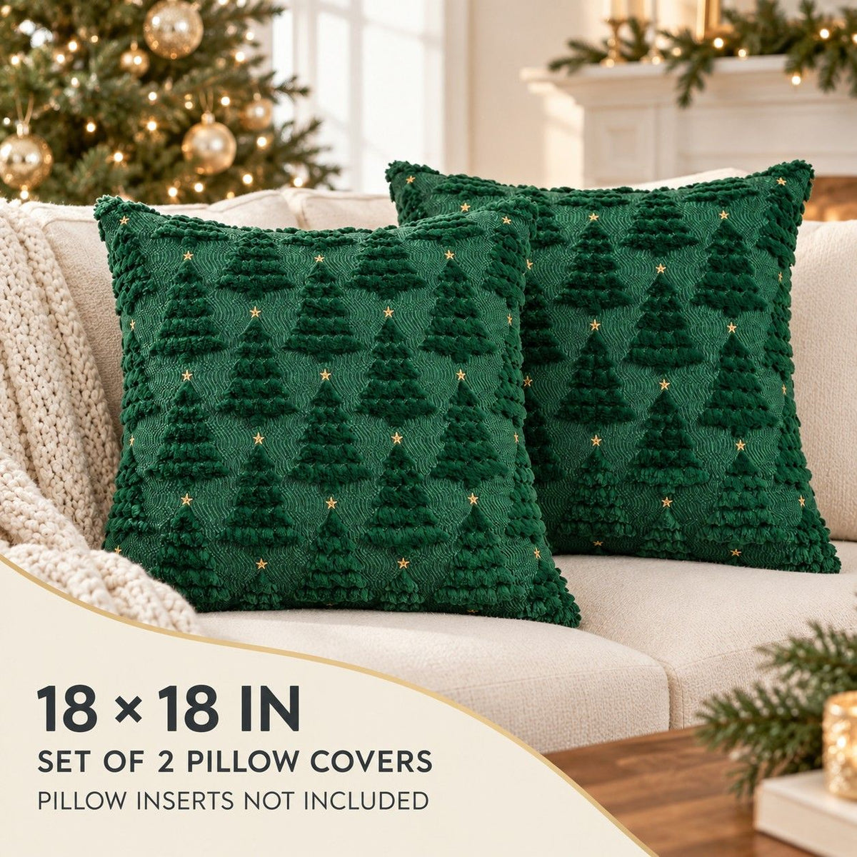 2 Pack Plush Textured Christmas Tree Throw Pillow Covers 18 x 18 Inch Holiday Decor