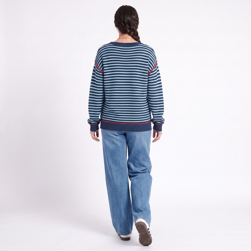 Striped Contrast Trim Drop Shoulder Long Sleeve Knit Sweater