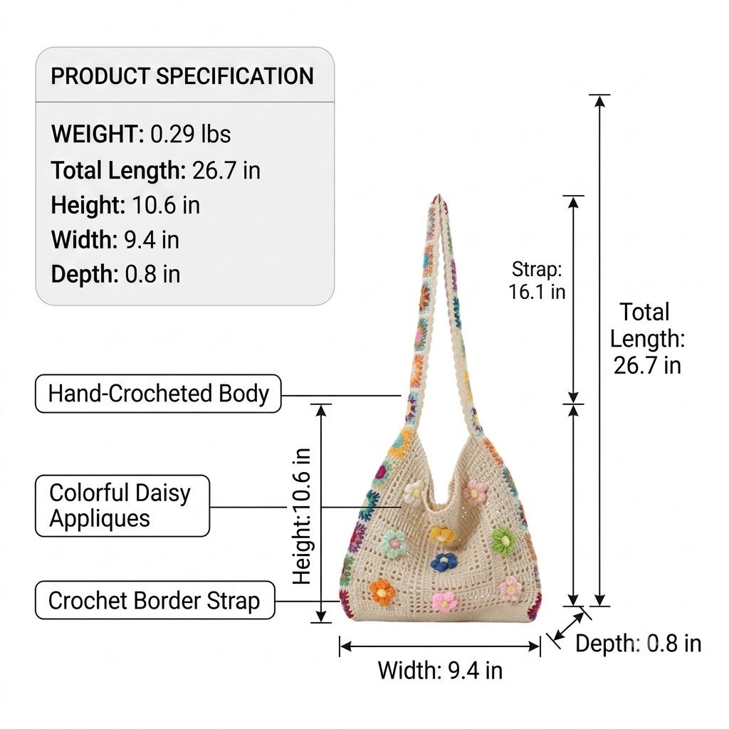 Women's Crochet Shoulder Bag with Daisy Applique and Wide Strap