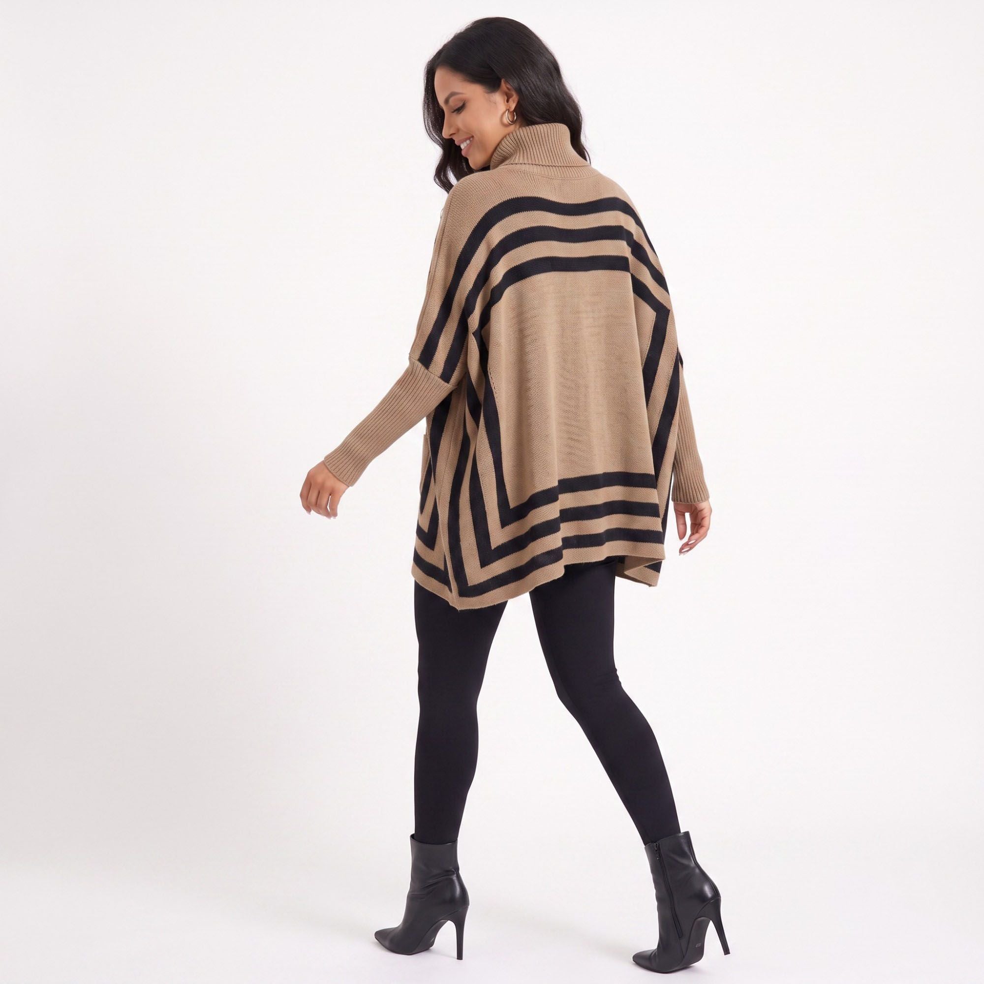 Striped Turtleneck Poncho Sweater with Pockets
