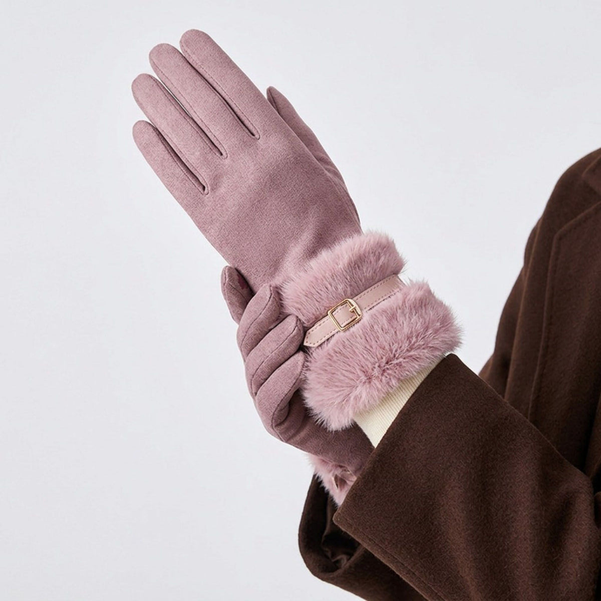 Faux Suede Gloves with Faux Fur Cuff and Buckle Detail 9.9 x 3.9in