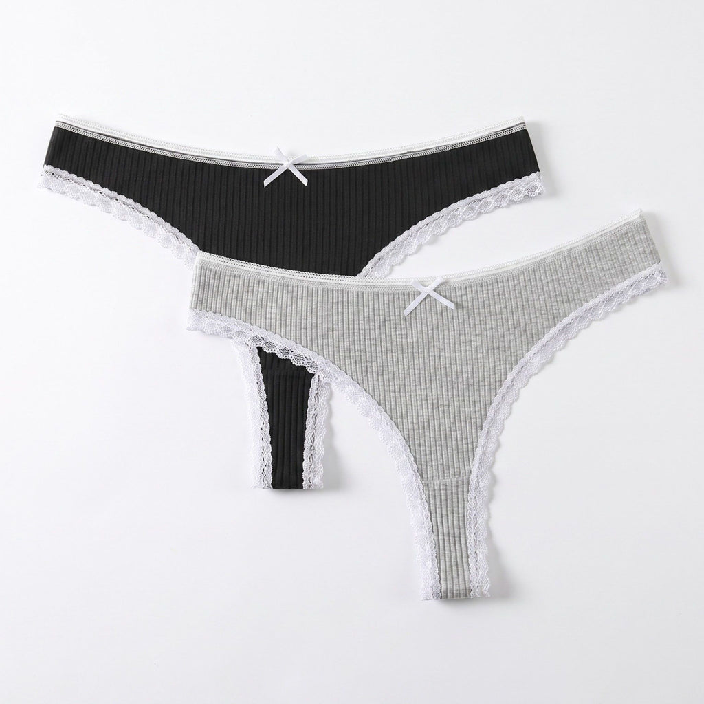 Anna-Kaci Womens 2 Pack Ribbed Lace Trim Thong Underwear