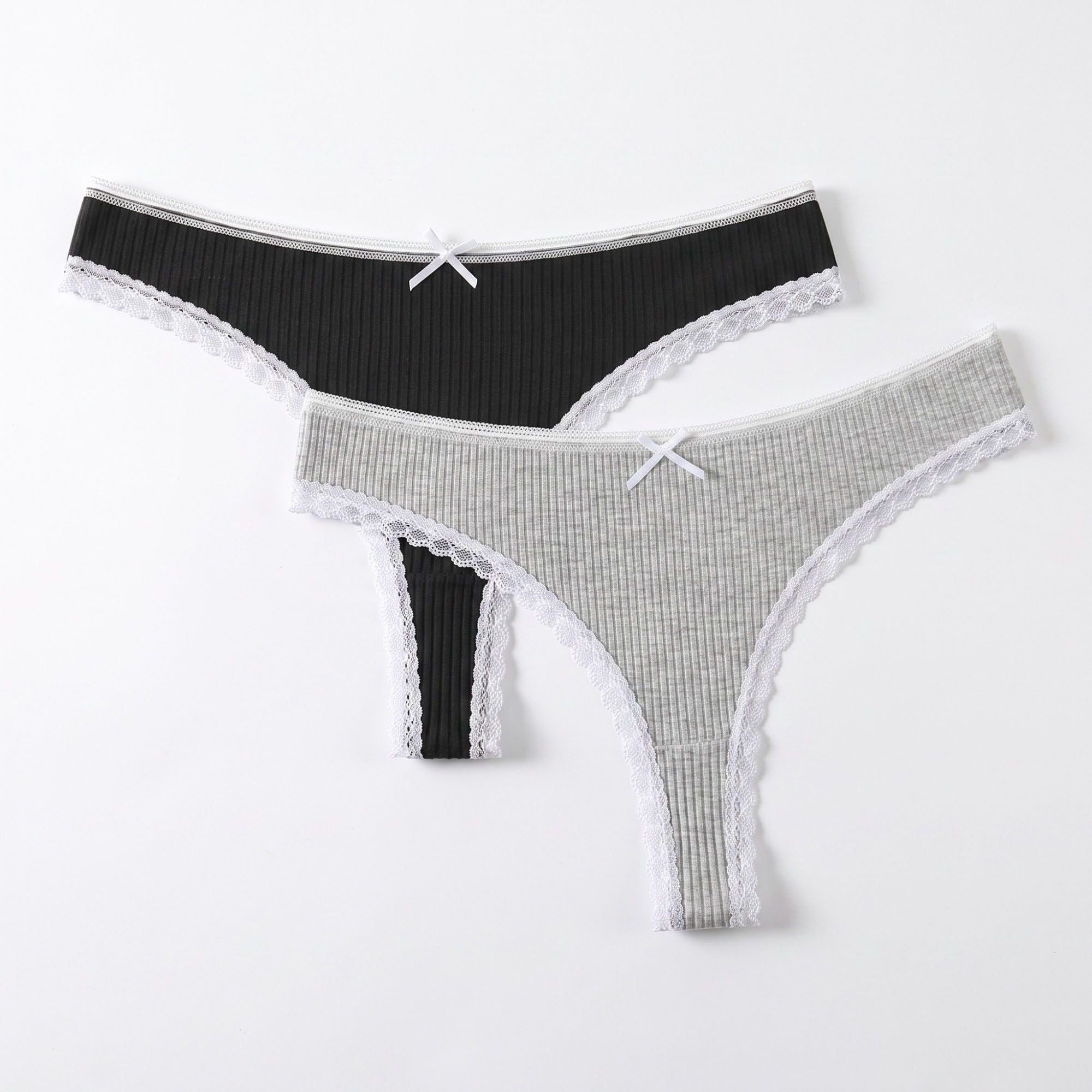 Anna-Kaci Womens 2 Pack Ribbed Lace Trim Thong Underwear