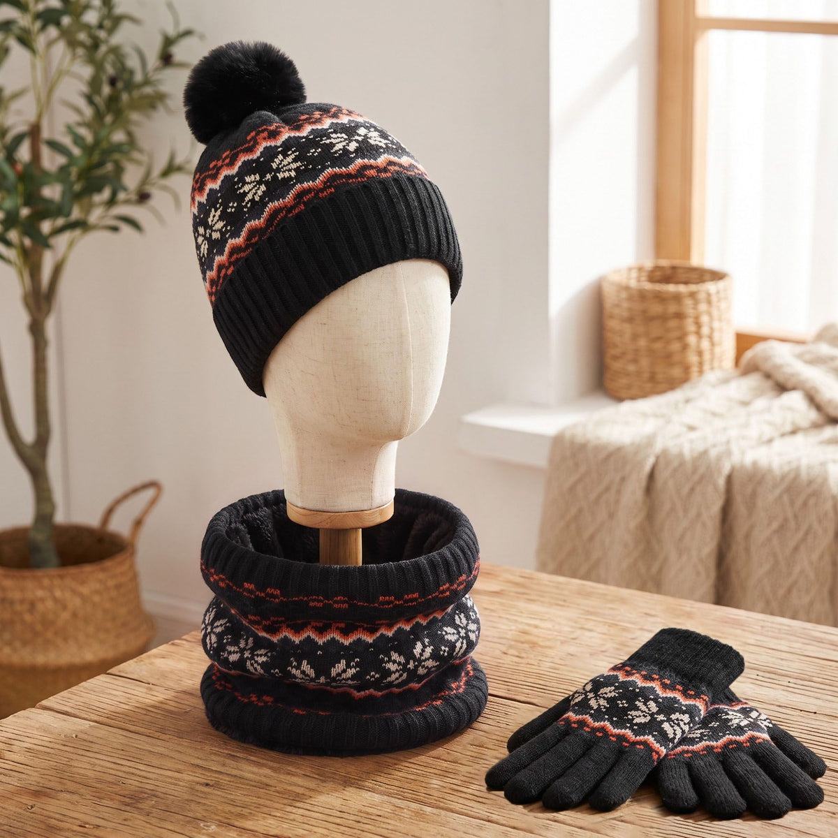 3 Piece Fair Isle Pom Beanie Neck Warmer and Gloves Set