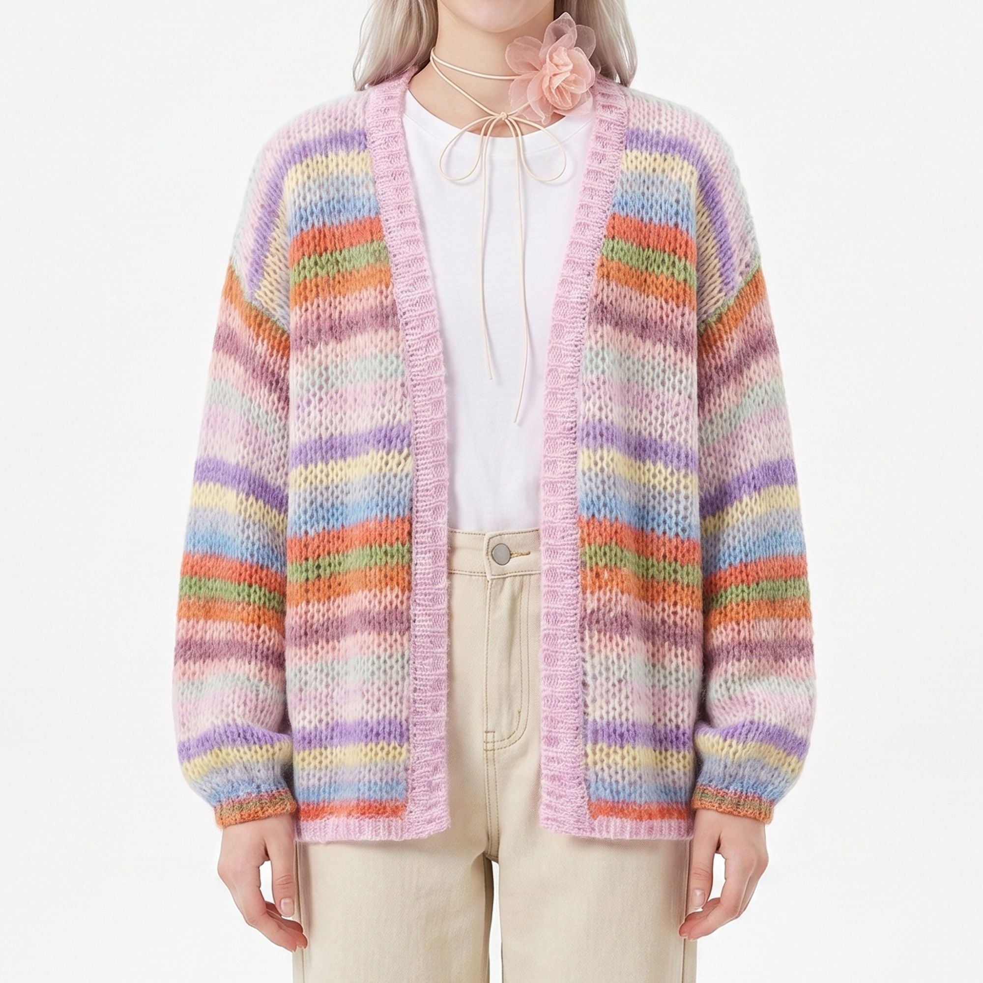 Multicolor Striped Open Front Knit Cardigan Sweater