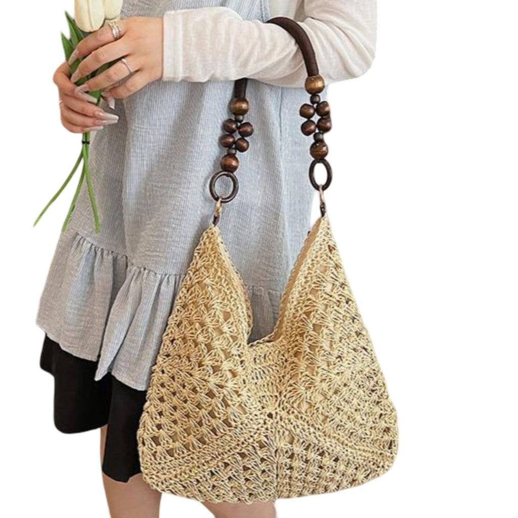 Woven Straw Hobo Bag with Wooden Handle Bead Accents and Spacious Interior