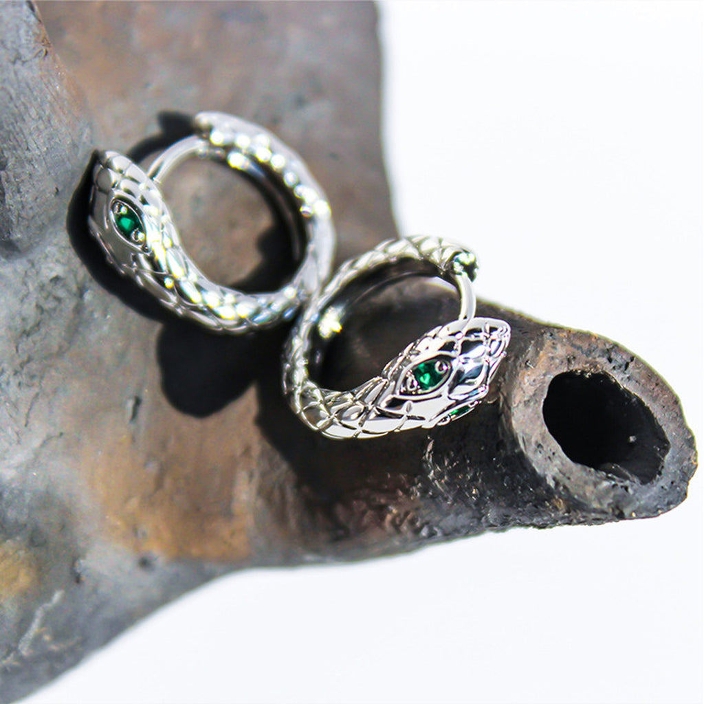 Snake-Shaped Hoop Earrings with Green Gem Eyes