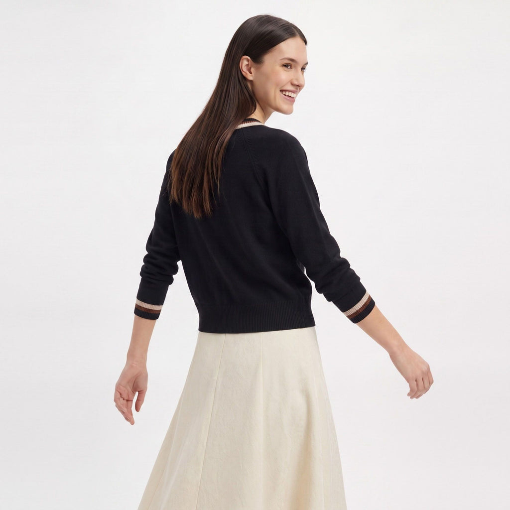 Contrast Stripe V-Neck Button-Front Knit Cardigan