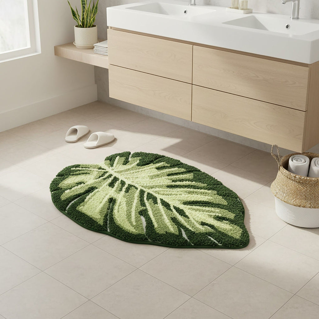 Tufted Floor Mat with Tropical Leaf Pattern Non Slip Backing Soft Plush Decorative Indoor Entryway Bathroom Rug