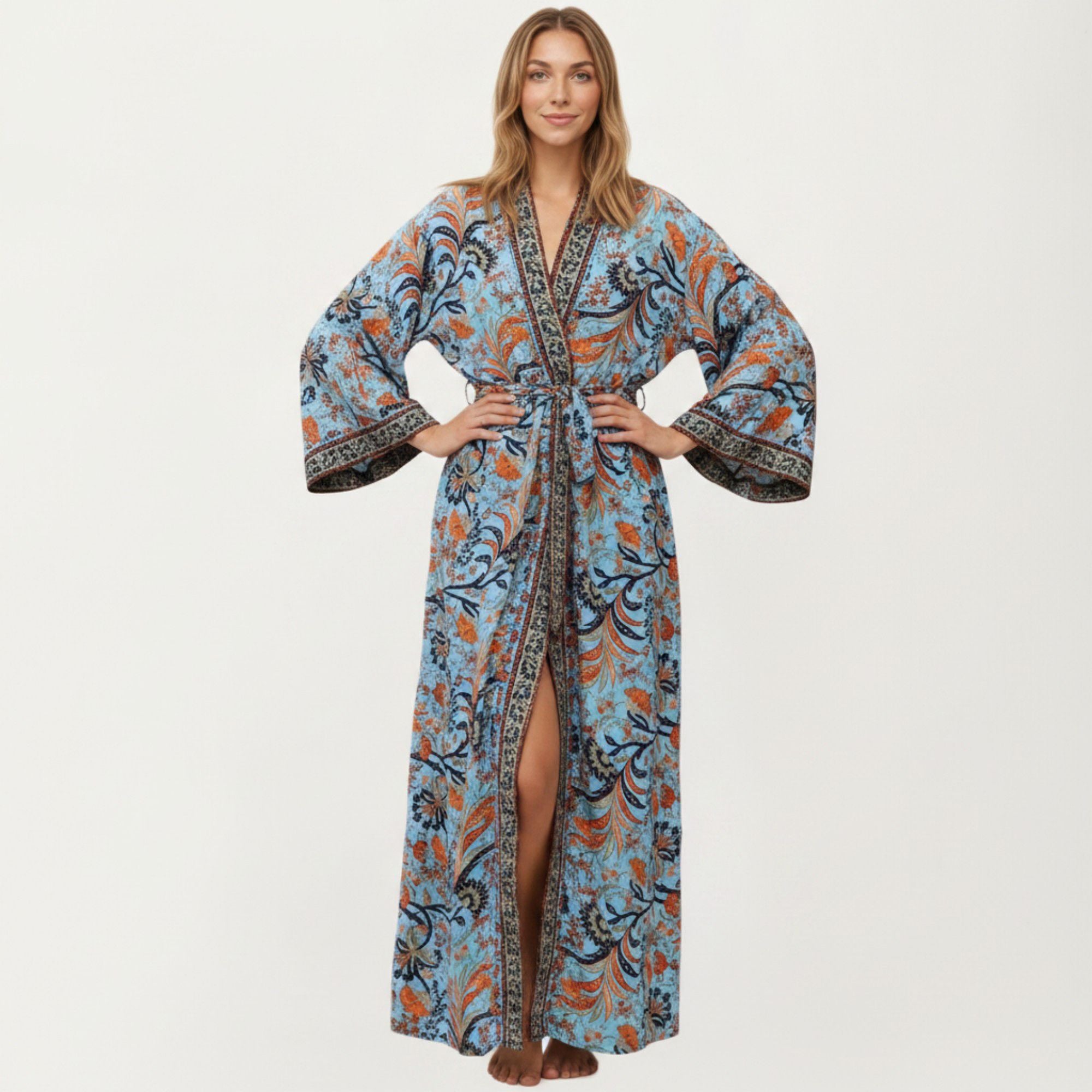 Anna-Kaci Women's Floral Paisley Maxi Dress with Long Sleeves Adjustable Waist Tie and Flowing Relaxed Fit
