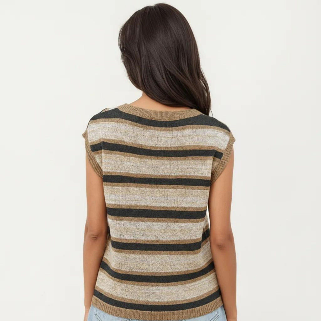 Anna-Kaci Women's Sleeveless Striped Knit Top with Shoulder Button Detail and Relaxed Fit