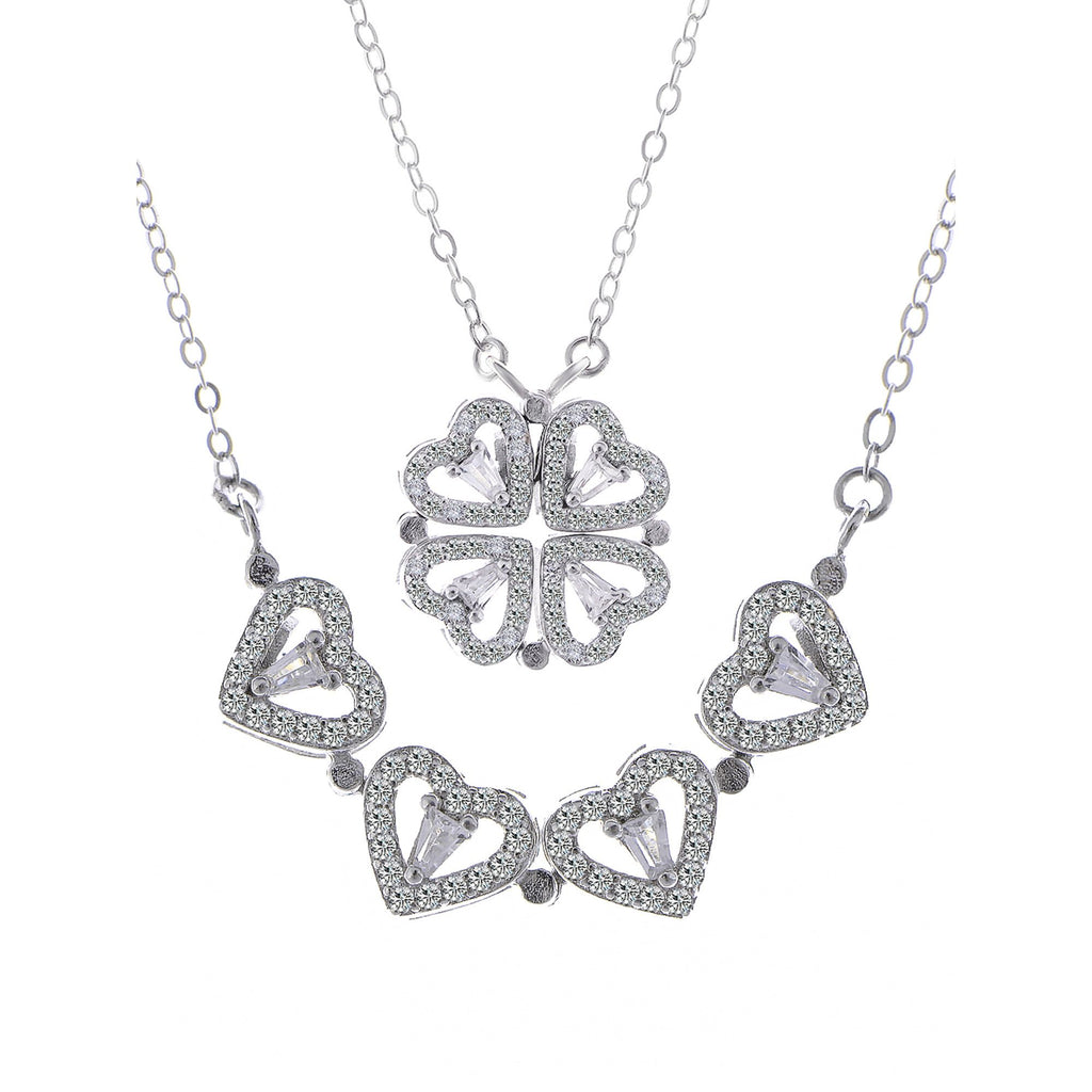 Crystal Heart Four-Leaf Clover Necklace with Matching Heart Chain Design