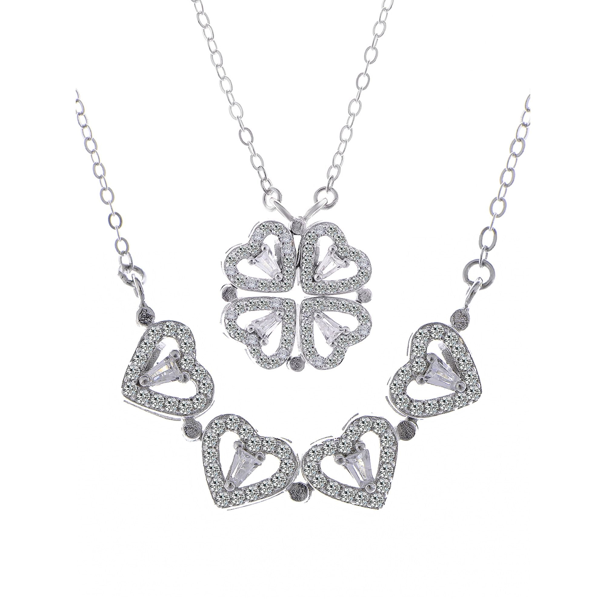 Crystal Heart Four-Leaf Clover Necklace with Matching Heart Chain Design