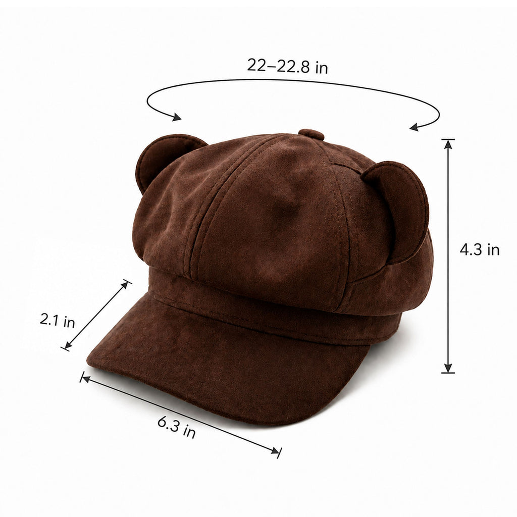 Faux Suede Bear Ear Newsboy Cap Cute Short Brim Baker Boy Hat
