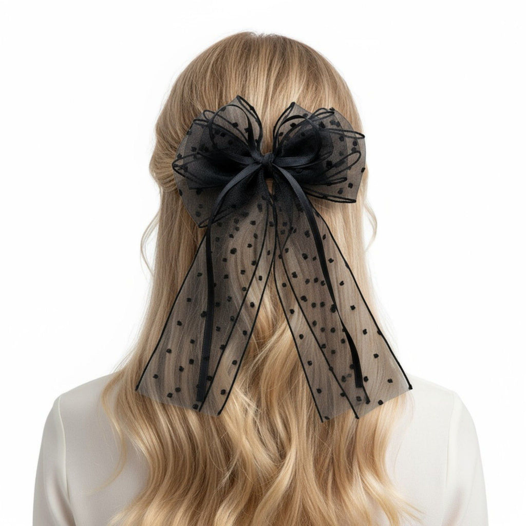 Sheer Polka Dot Bow Hair Clip with Layered Tulle Design and Long Ribbon Tails