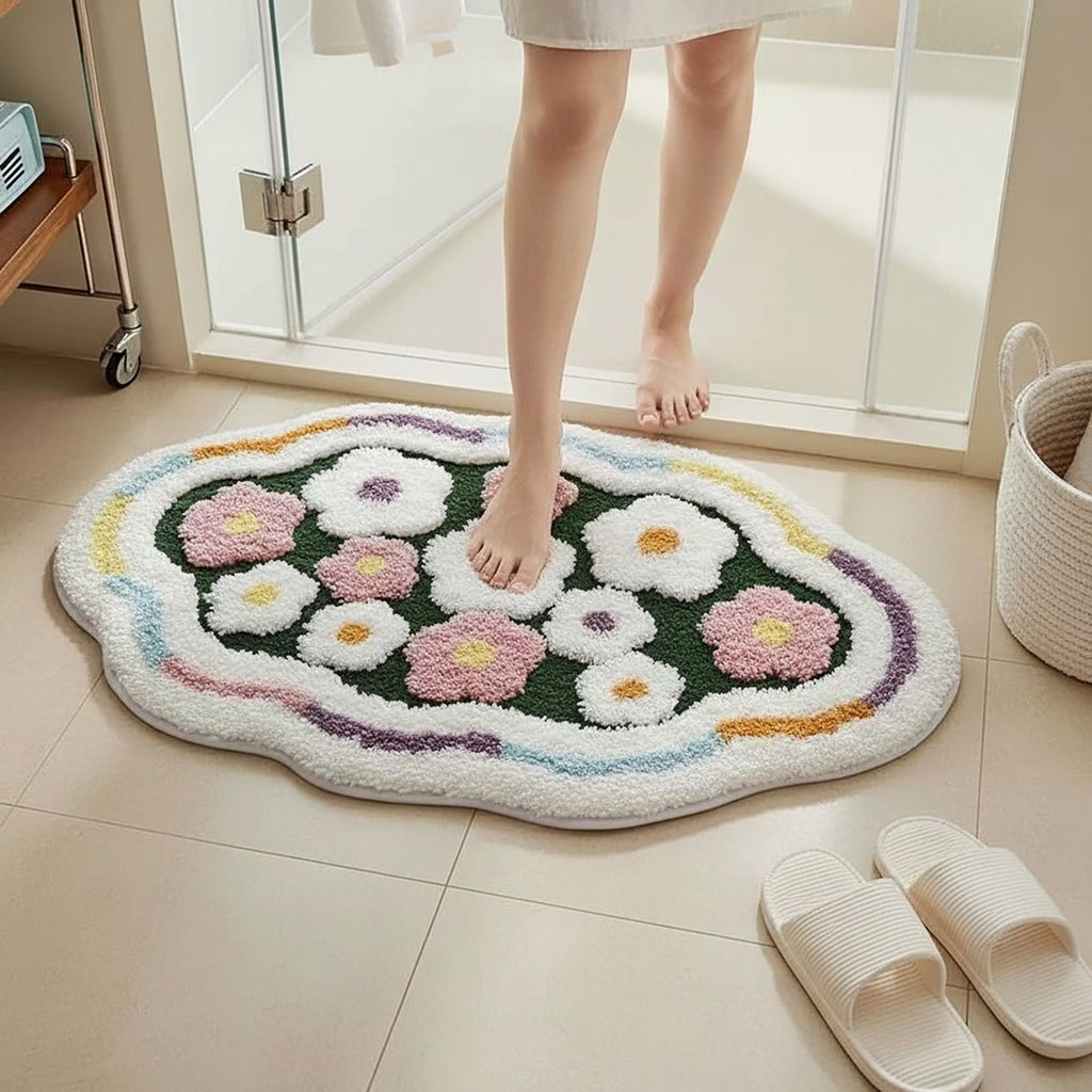 Tufted Floor Mat with Happy Text and Floral Pattern Non Slip Backing Soft Plush Decorative Scalloped Edge Indoor Rug