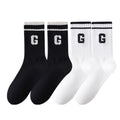 Anna-Kaci Women's 4-Pair Pack Ribbed Cotton Crew Socks with Striped Cuffs and G Letter Detail in Neutral Athletic Color Combinations