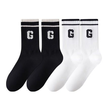 Anna-Kaci Women's 4-Pair Pack Ribbed Cotton Crew Socks with Striped Cuffs and G Letter Detail in Neutral Athletic Color Combinations