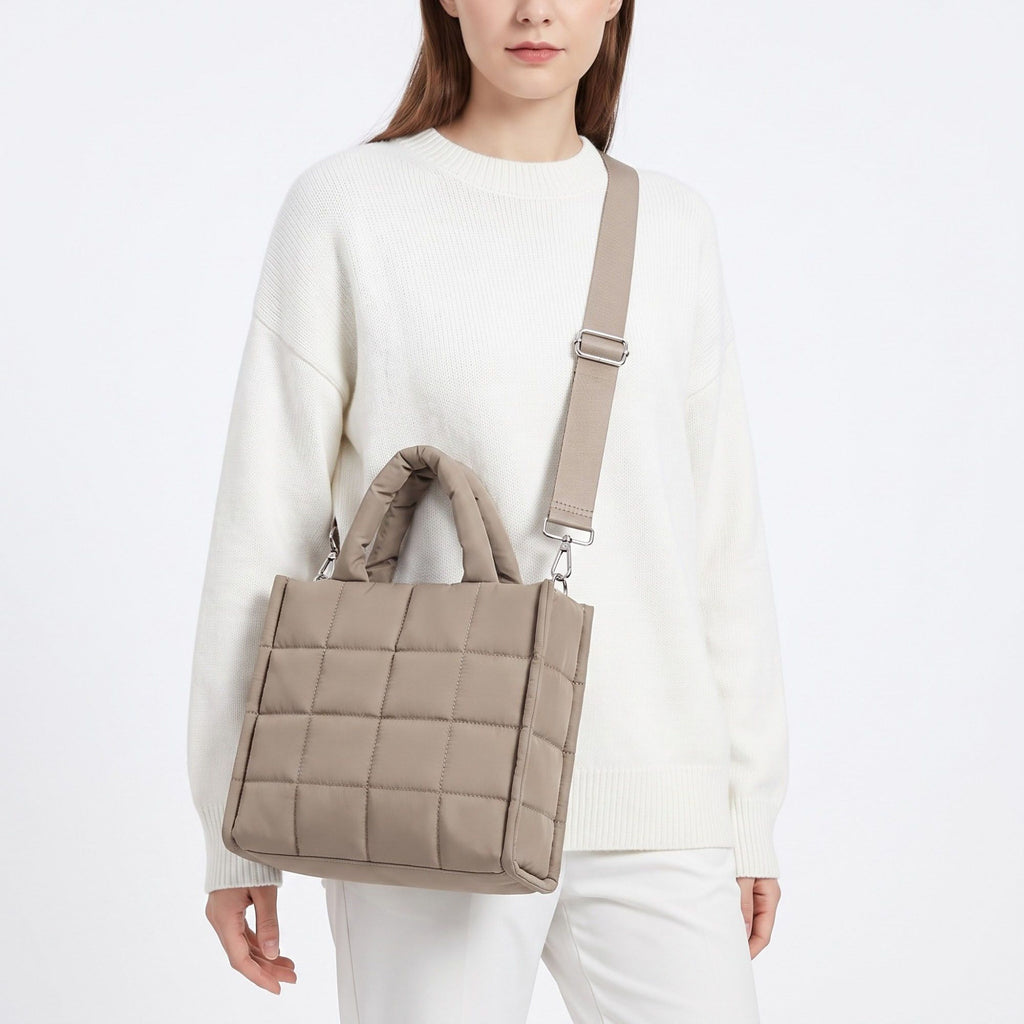 Quilted Puffer Tote Bag with Top Handles and Adjustable Crossbody Strap 11x10x5.5in