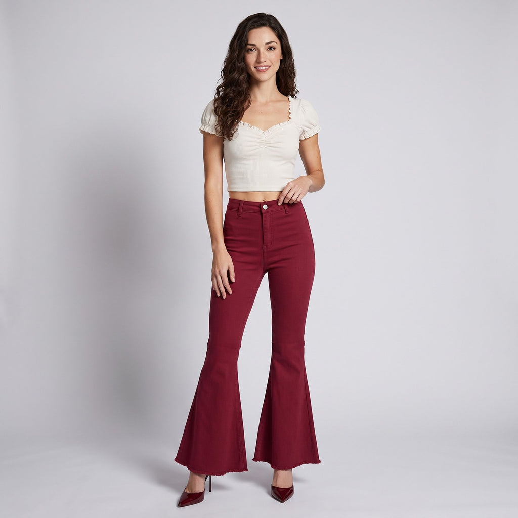 High Rise Flare Pants Button Front Stretch Wide Leg Hem Pants