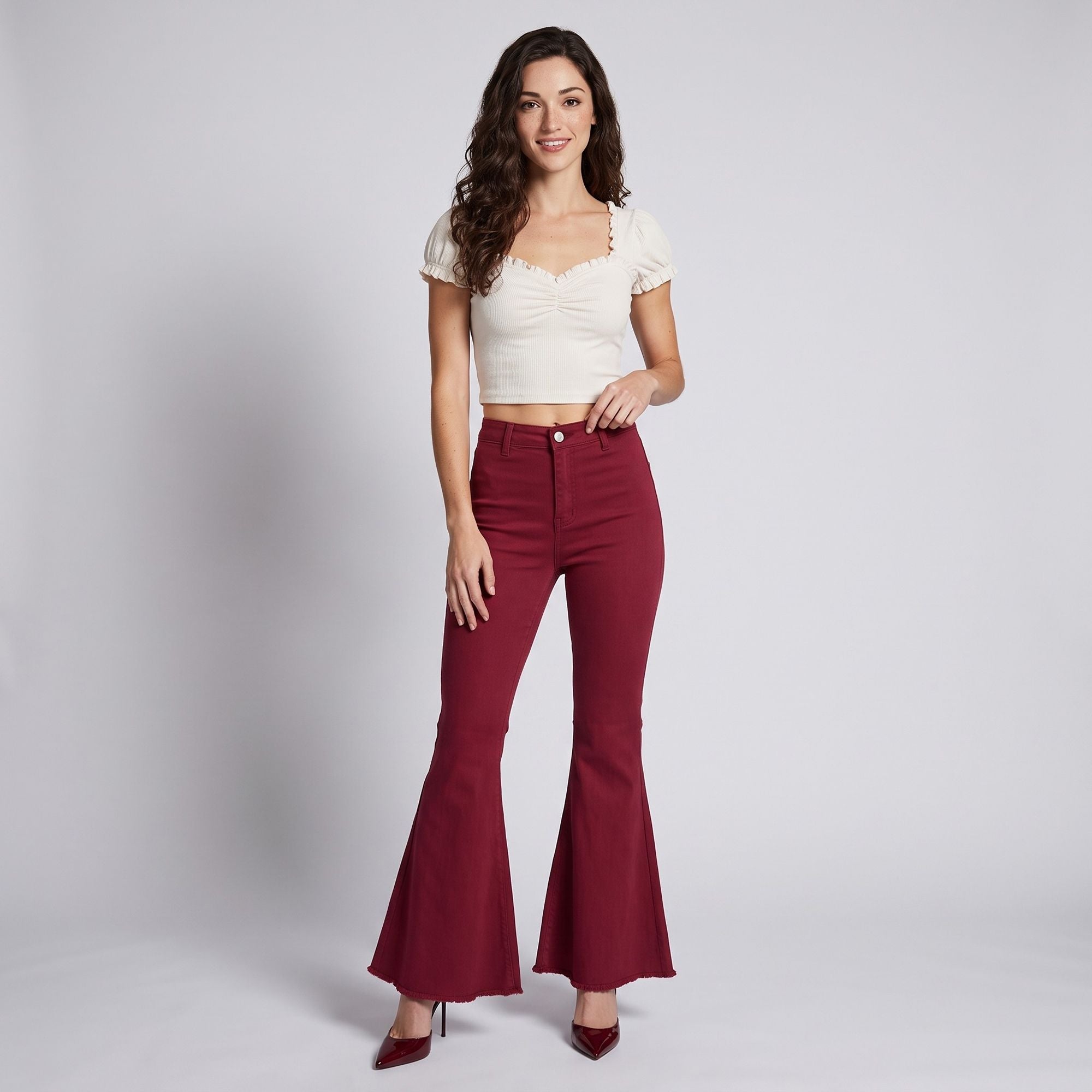 High Rise Flare Pants Button Front Stretch Wide Leg Hem Pants
