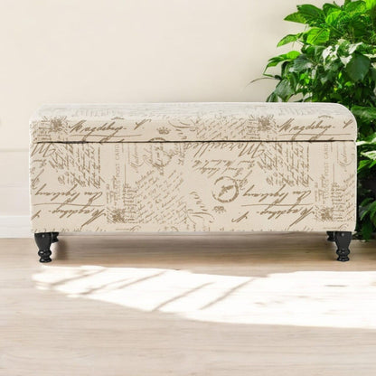 Alilang 42.00 inches Vintage-Inspired Printed Script Storage Ottoman with Hinged Lid and Wooden Legs