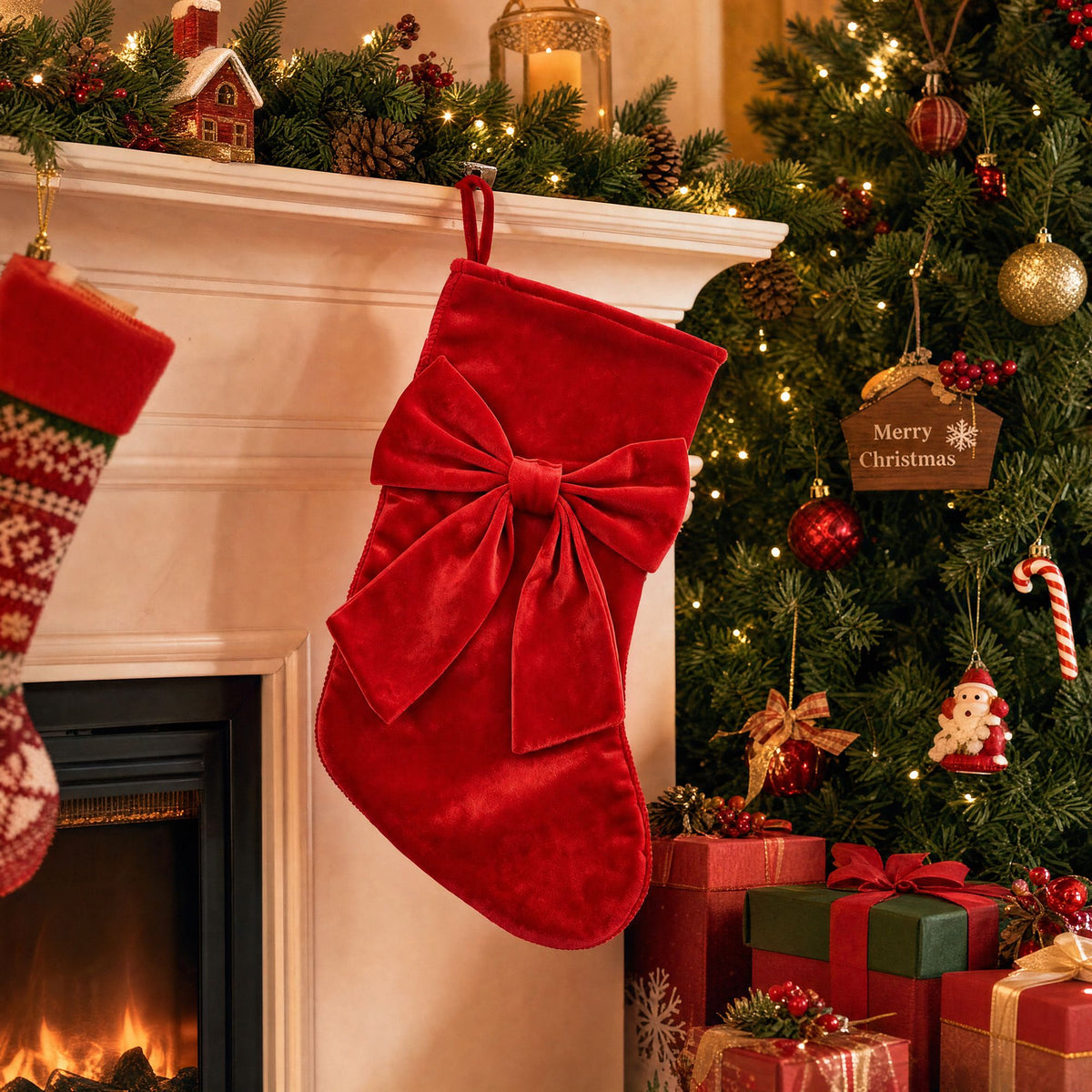 Velvet Bow Christmas Stocking Hanging Fireplace Mantel Holiday Decor