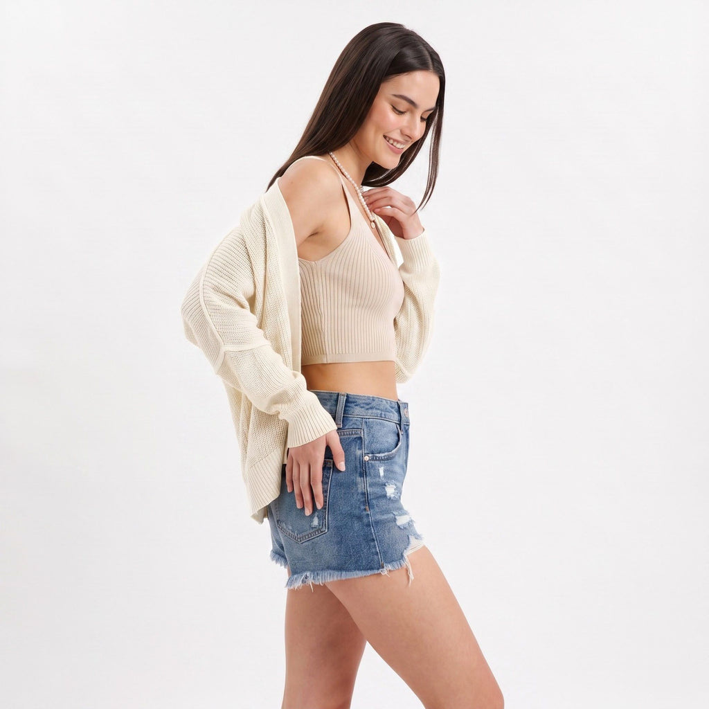 Open-Front Dolman Sleeve Draped Knit Cardigan
