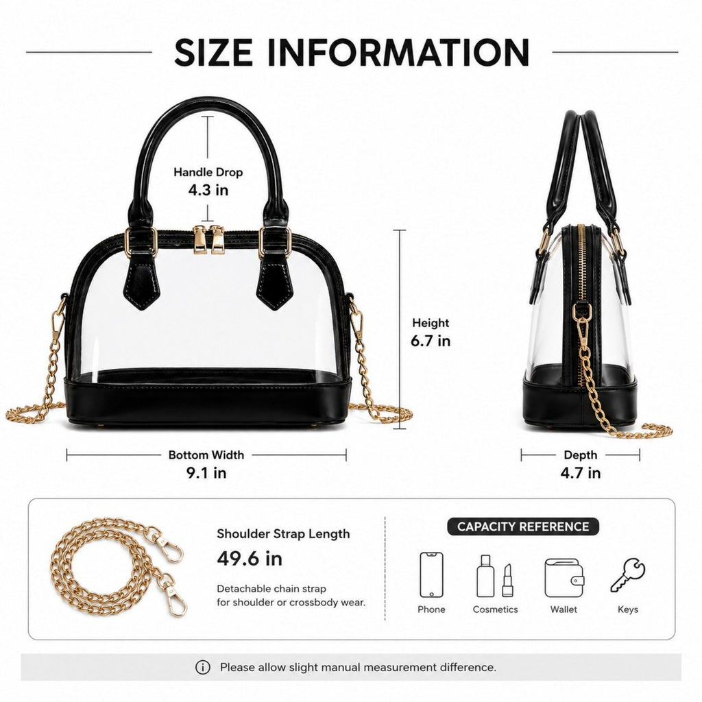 Clear PVC Mini Satchel Bag with Zipper Top and Detachable Chain Strap