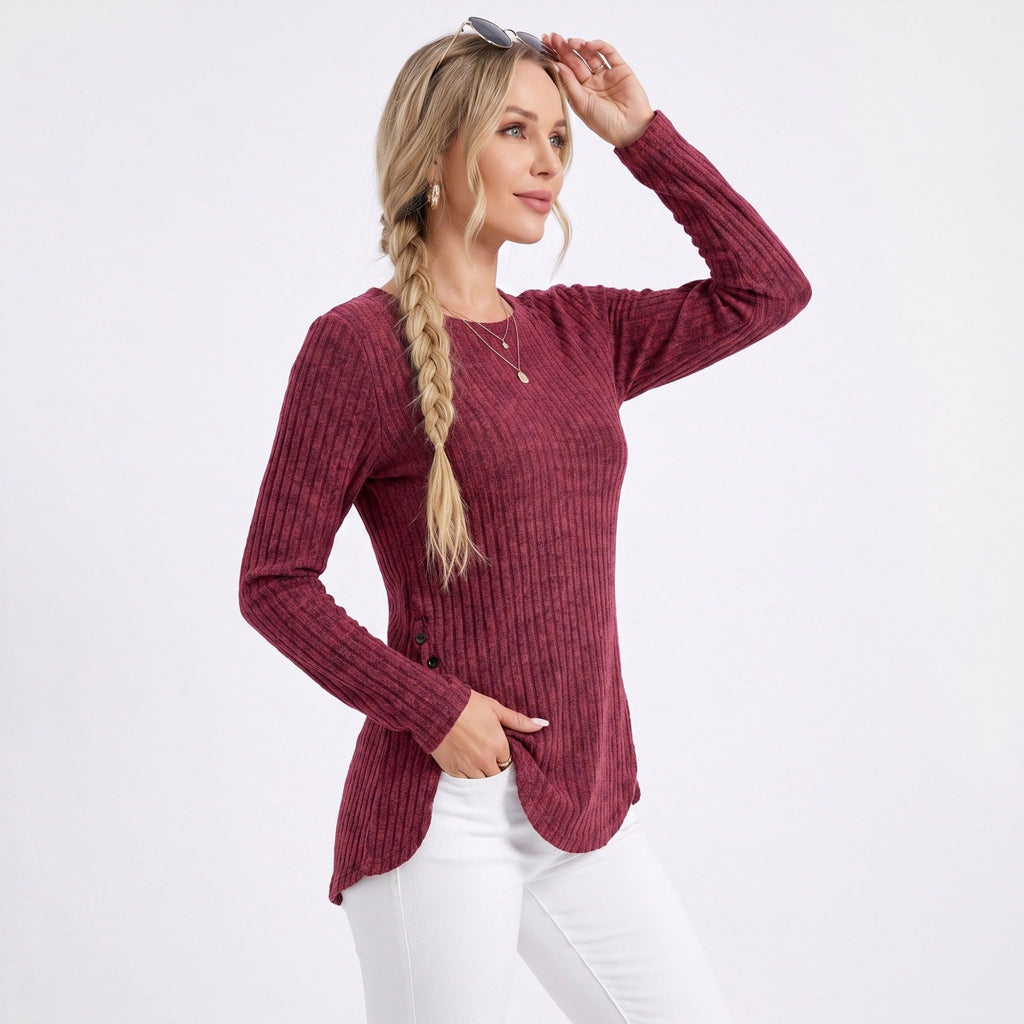 Ribbed Crew Neck Side Slit Long Sleeve Tunic Top