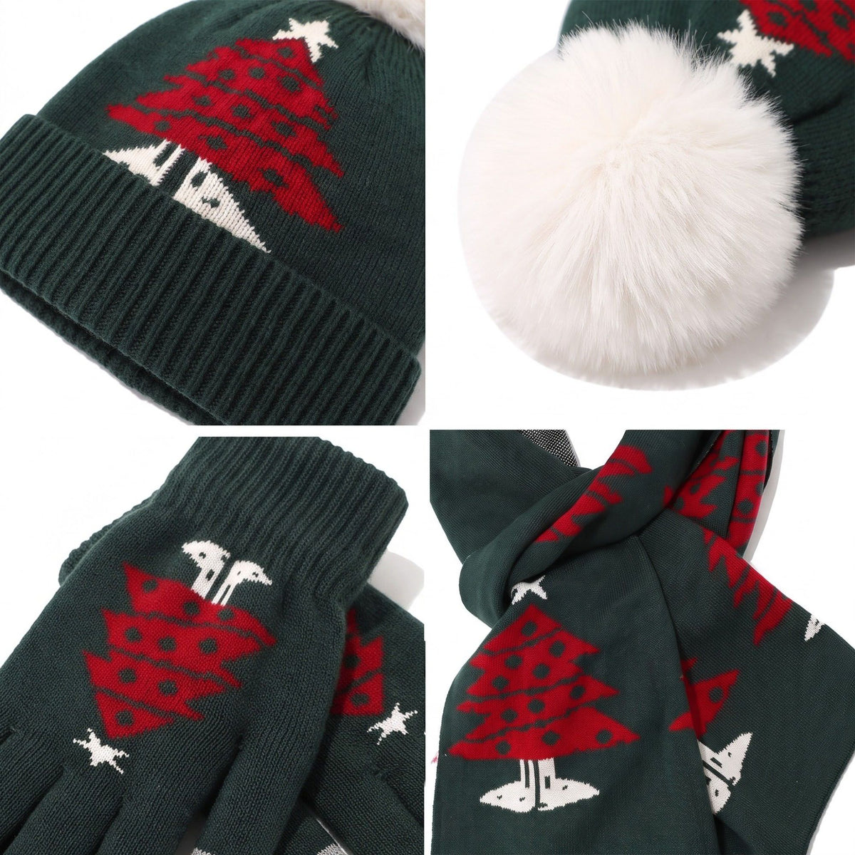 3 Piece Christmas Tree Beanie Scarf and Touchscreen Gloves Set