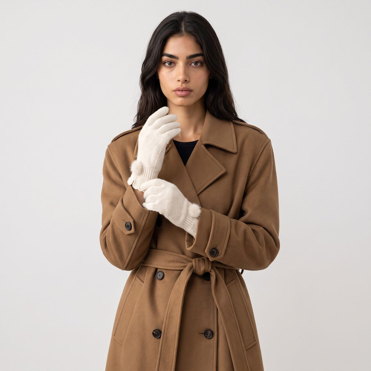Pom Pom Knit Full Finger Gloves with Scalloped Cuff