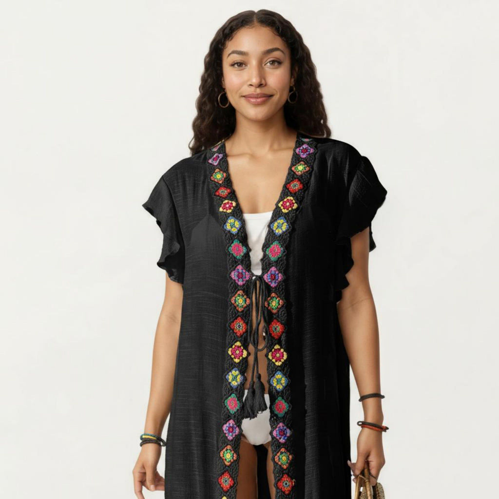 Anna-Kaci Women's Embroidered Open Front Swim Cover Up Kimono Midi Beach Cardigan with Tassel Tie Detail