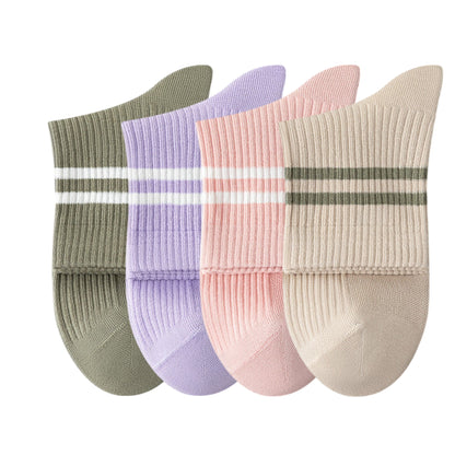 Anna-Kaci Womens Athletic Crew Socks 4-Pack Ribbed Knit Design Contrast Double Stripe Stretch Comfort Everyday Fit