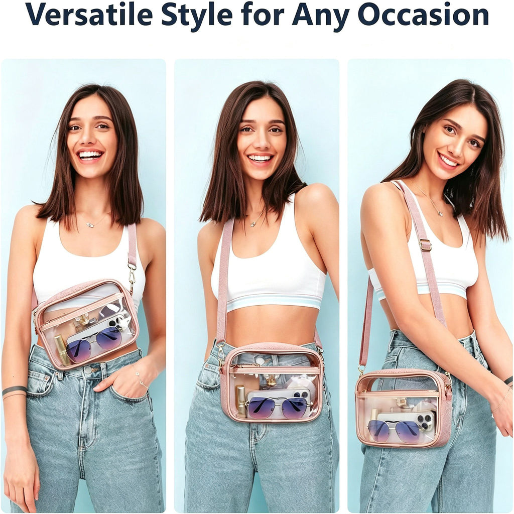 Clear Stadium Crossbody Bag with Front Pocket, Zipper Closure and Adjustable Removable Shoulder Strap