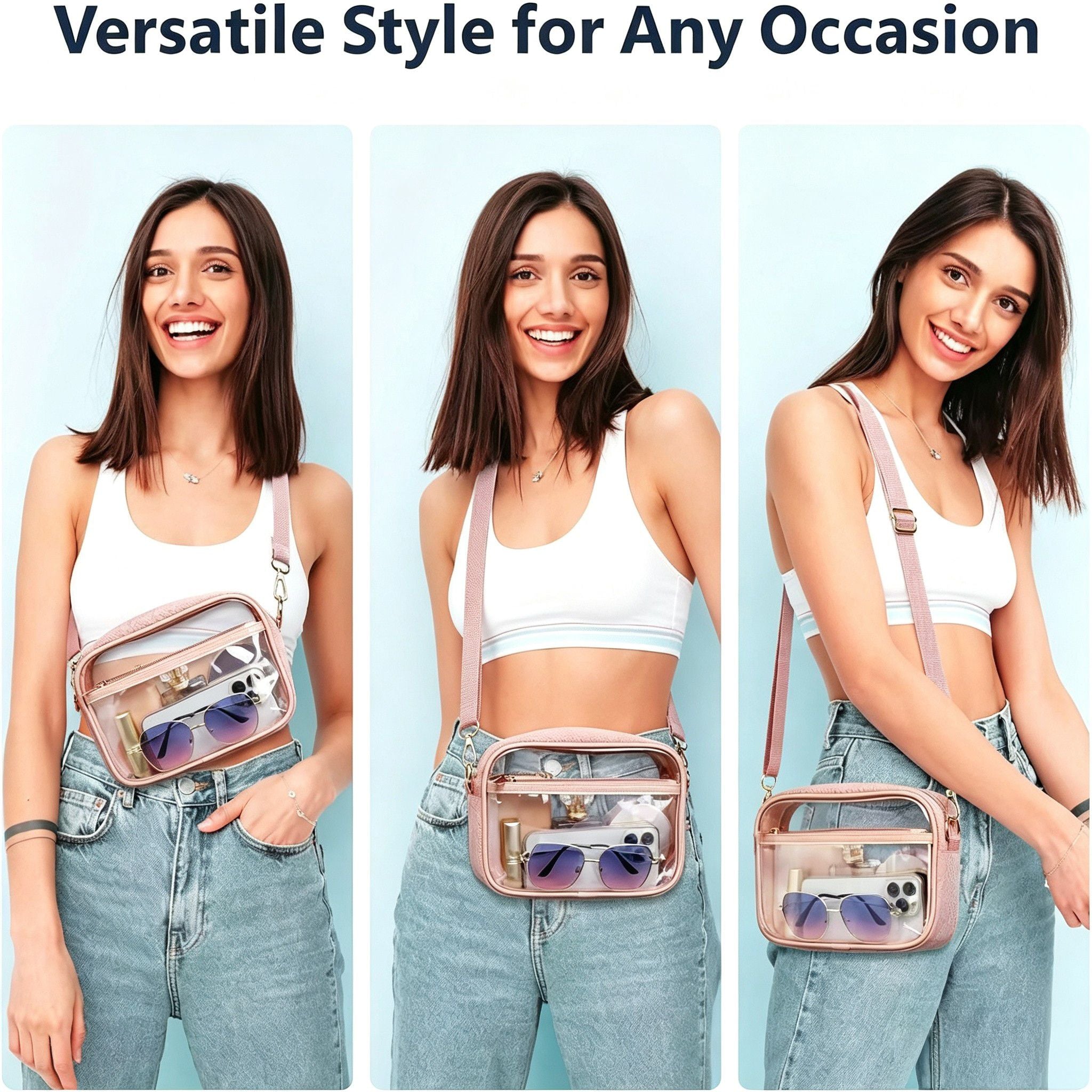 Clear Stadium Crossbody Bag with Front Pocket, Zipper Closure and Adjustable Removable Shoulder Strap