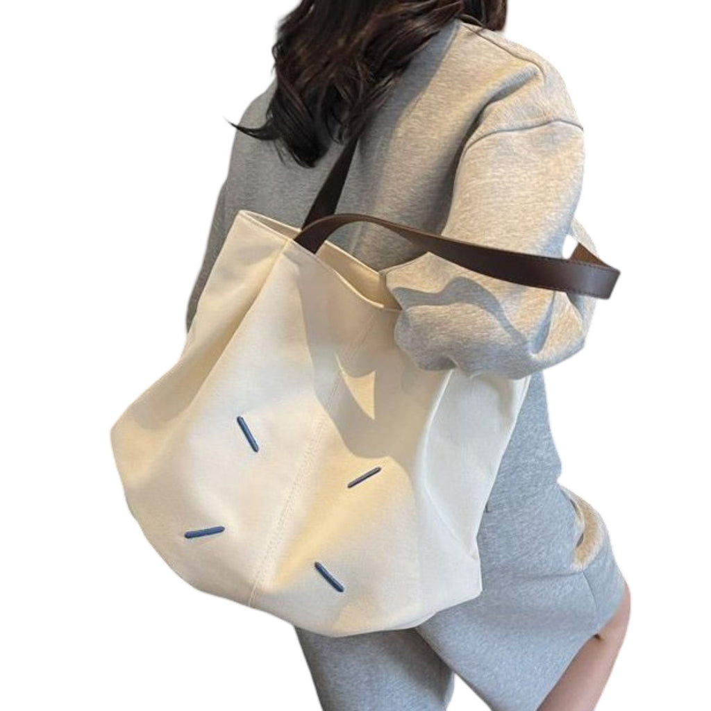 Canvas Tote Bag with Contrast Handles and Decorative Stitch Detail