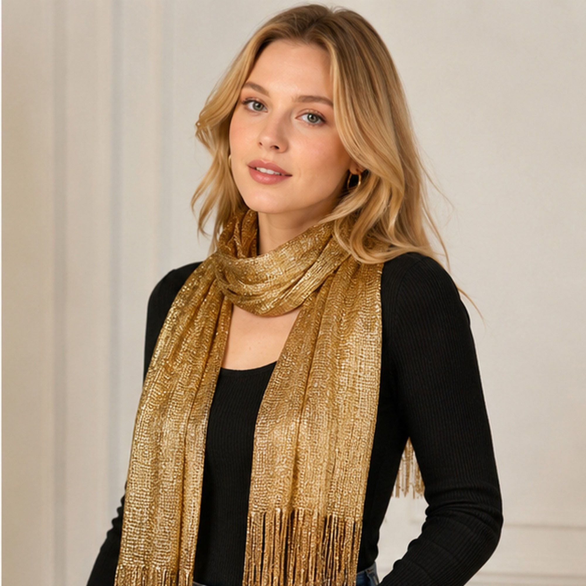 Metallic Shimmer Fringe Long Scarf