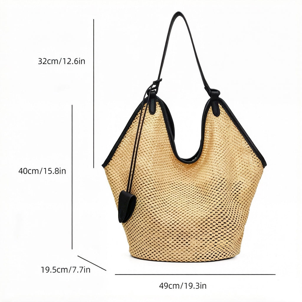 Woven Shoulder Bag with Faux Leather Trim Slouchy Hobo Handbag Lightweight Large Capacity Tote