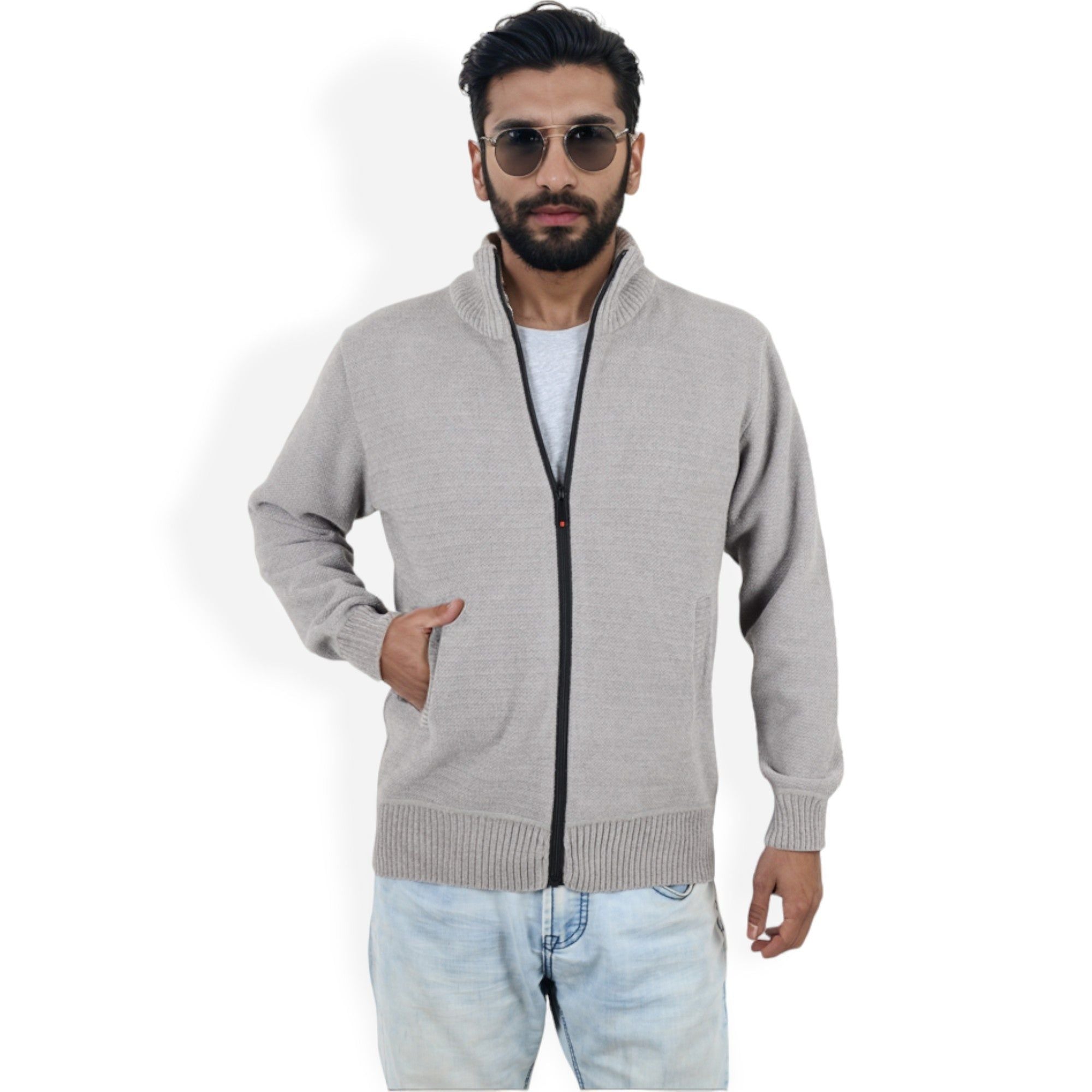 Anna-Kaci Men's Zip-Up Ribbed Knit Cardigan Sweater with Stand Collar