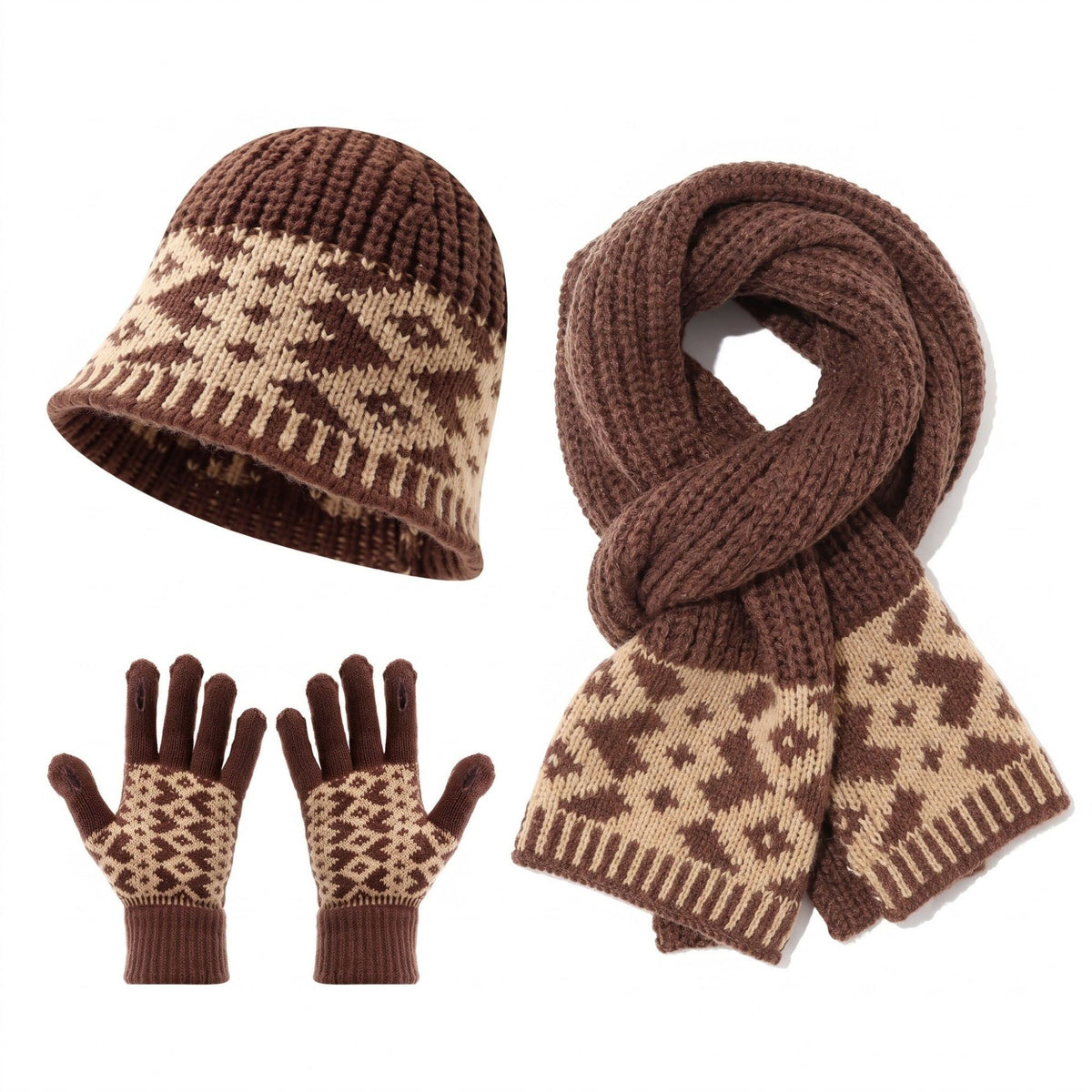 3 Piece Knit Winter Hat Scarf and Gloves Set with Geometric Pattern