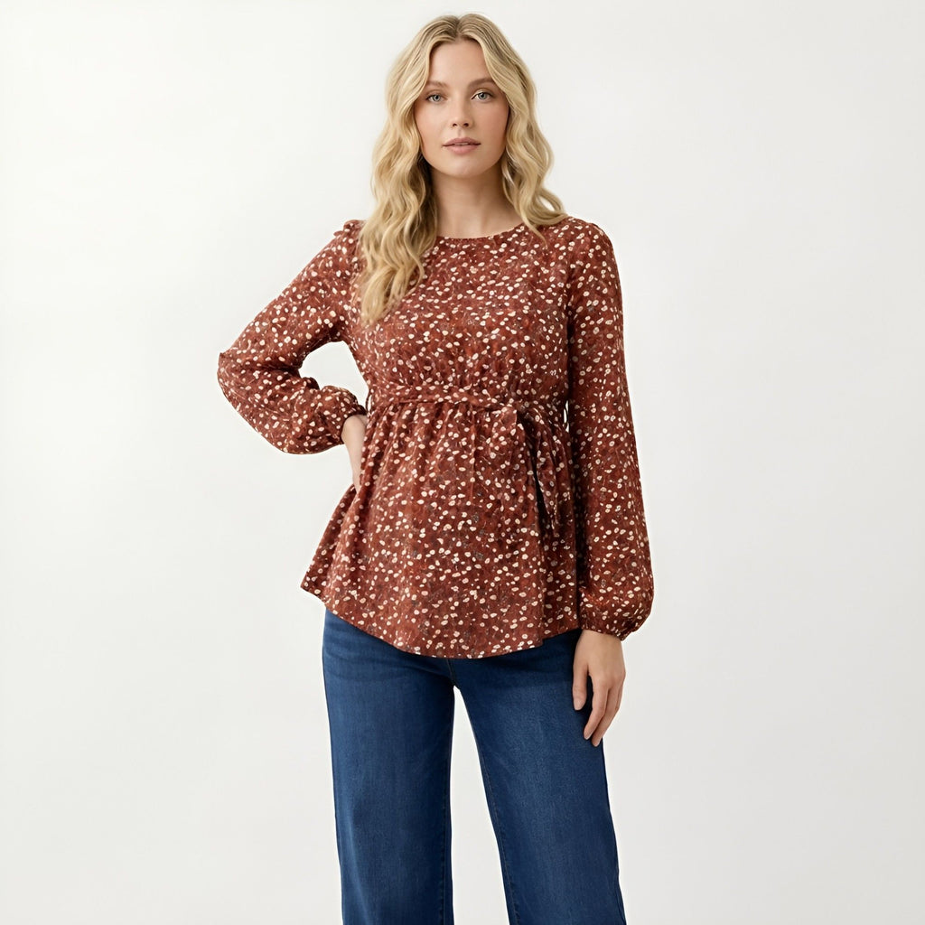 Anna-Kaci Women's Boho Floral Maternity Blouse - Flowy Peplum Long Sleeve Babydoll Top