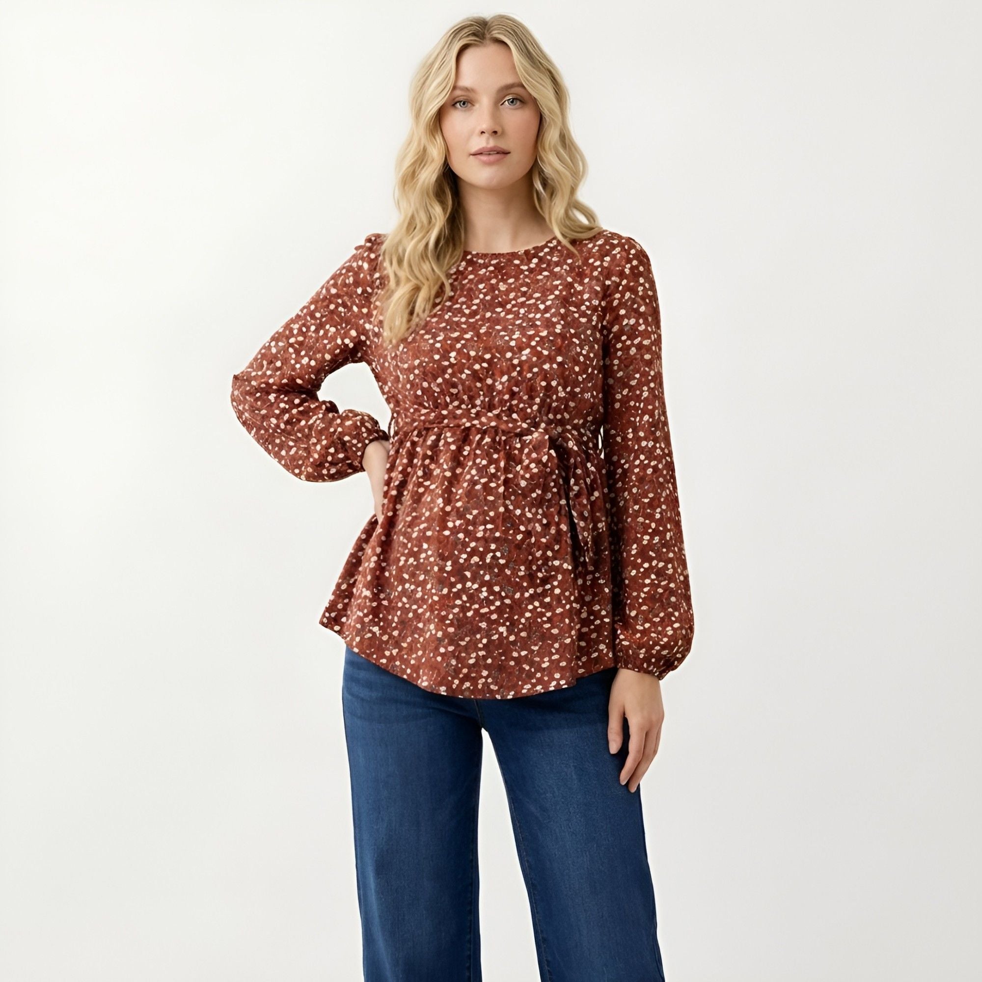 Anna-Kaci Women's Boho Floral Maternity Blouse - Flowy Peplum Long Sleeve Babydoll Top