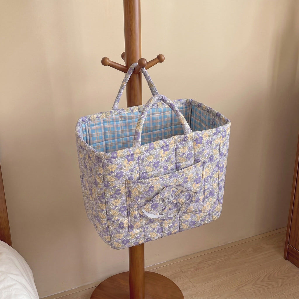 Floral Quilted Storage Tote with Handles and Front Pocket