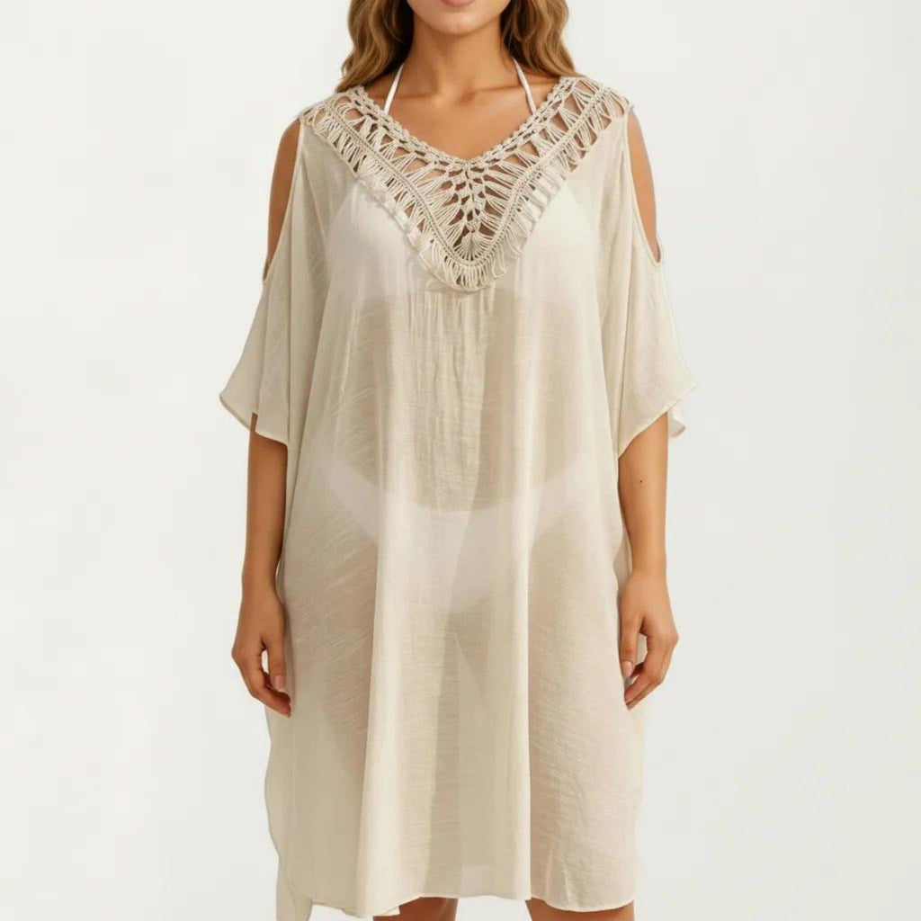 Anna-Kaci Women's Crochet V Neck Swim Cover Up Dress with Cold Shoulder Sleeves and Relaxed Fit